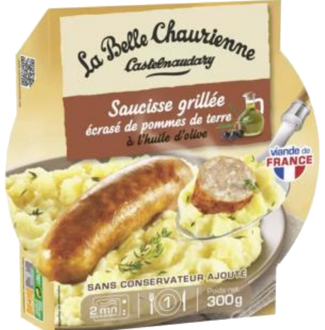 Salsichas grelhadas com batatas amassadas 300g